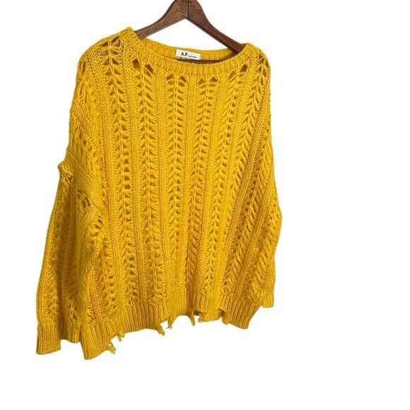 A.P Design Fashion Wool Blend Open Knit Distressed Sweater Mustard Yellow Large - Picture 3 of 9